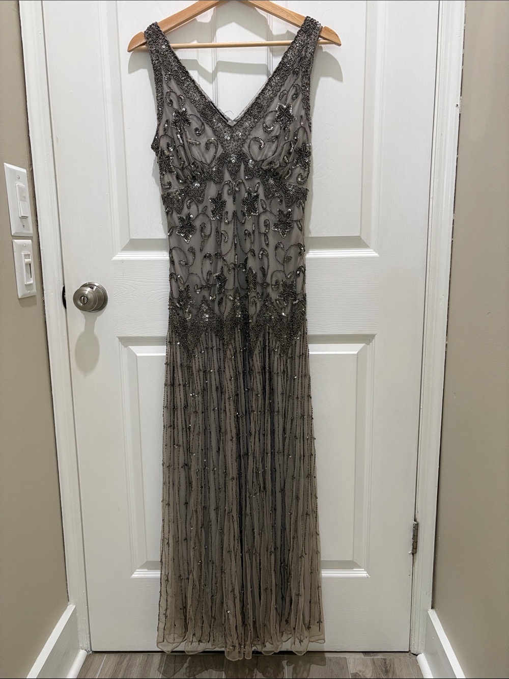 Beaded V-Neck Evening Gown in taupe/ Grey